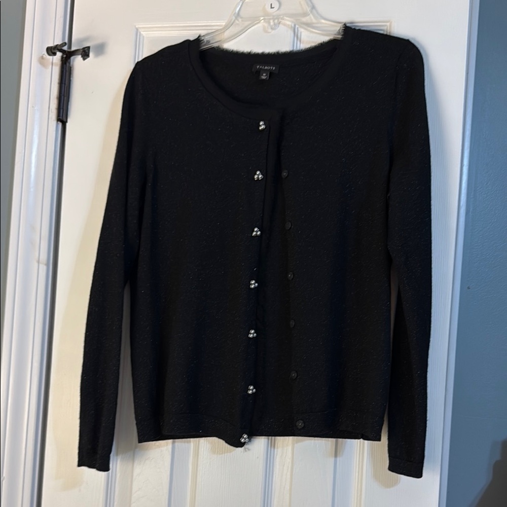 Women's Talbots Shimmery Merino Wool Black Cardigan Sweater size M
